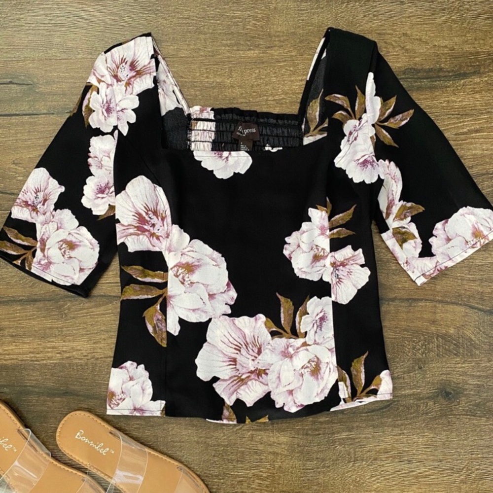 NWOT Free Press Black Floral Square Neck Top
